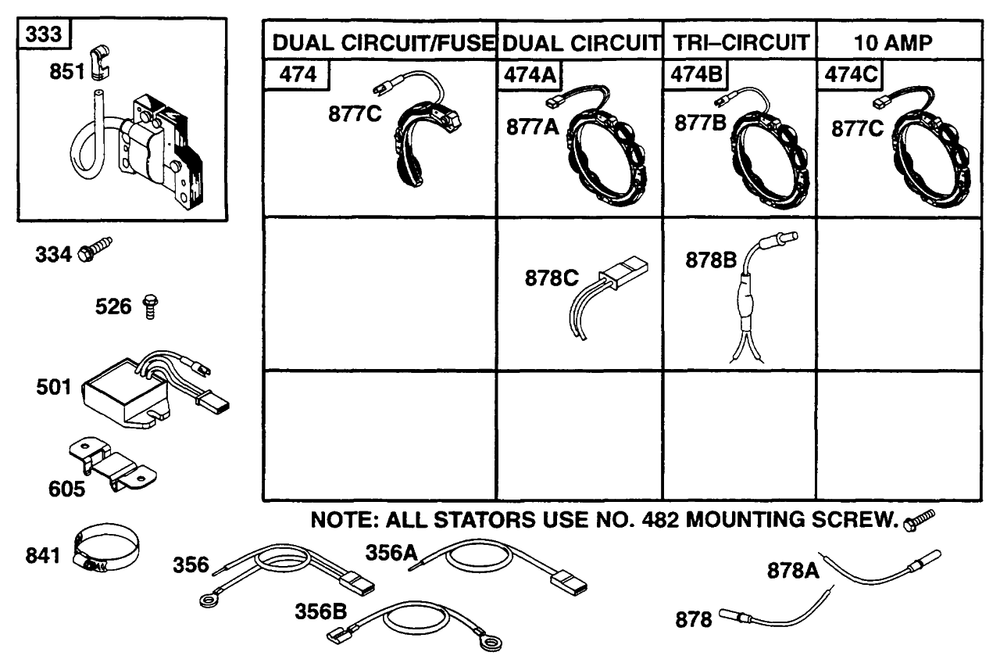 Alternator Chart, Elect Diagram and Parts List for 252707-0135-XX  Briggs and Stratton Engine